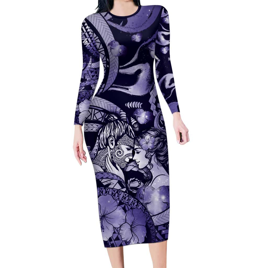 Personalised Maori Romantic Valentine Long Sleeve Bodycon Dress The Hongi Kiss Purple Galaxy