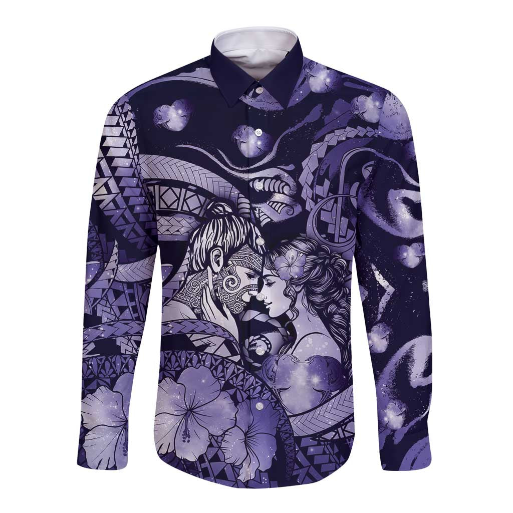 Personalised Maori Romantic Valentine Long Sleeve Button Shirt The Hongi Kiss Purple Galaxy