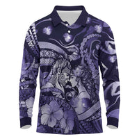 Personalised Maori Romantic Valentine Long Sleeve Polo Shirt The Hongi Kiss Purple Galaxy DT05 Purple - Polynesian Pride