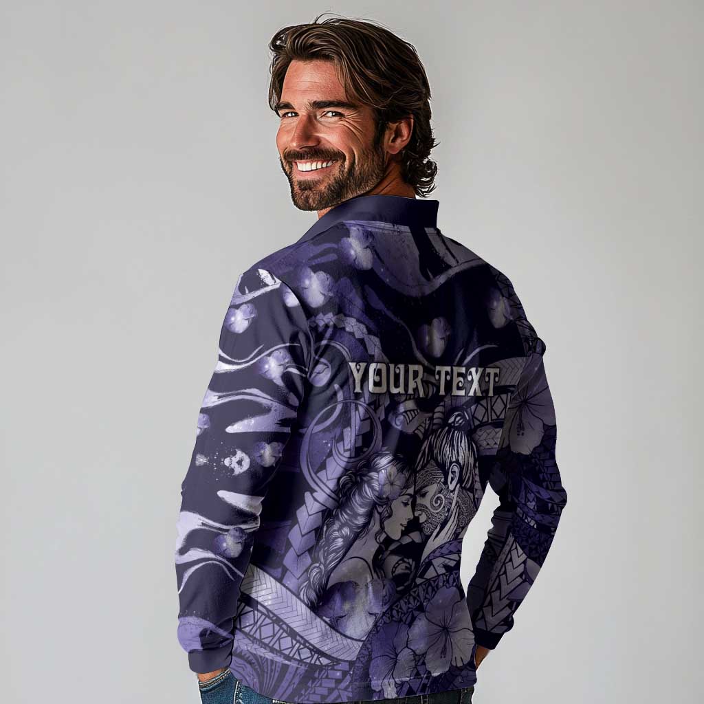 Personalised Maori Romantic Valentine Long Sleeve Polo Shirt The Hongi Kiss Purple Galaxy DT05 - Polynesian Pride