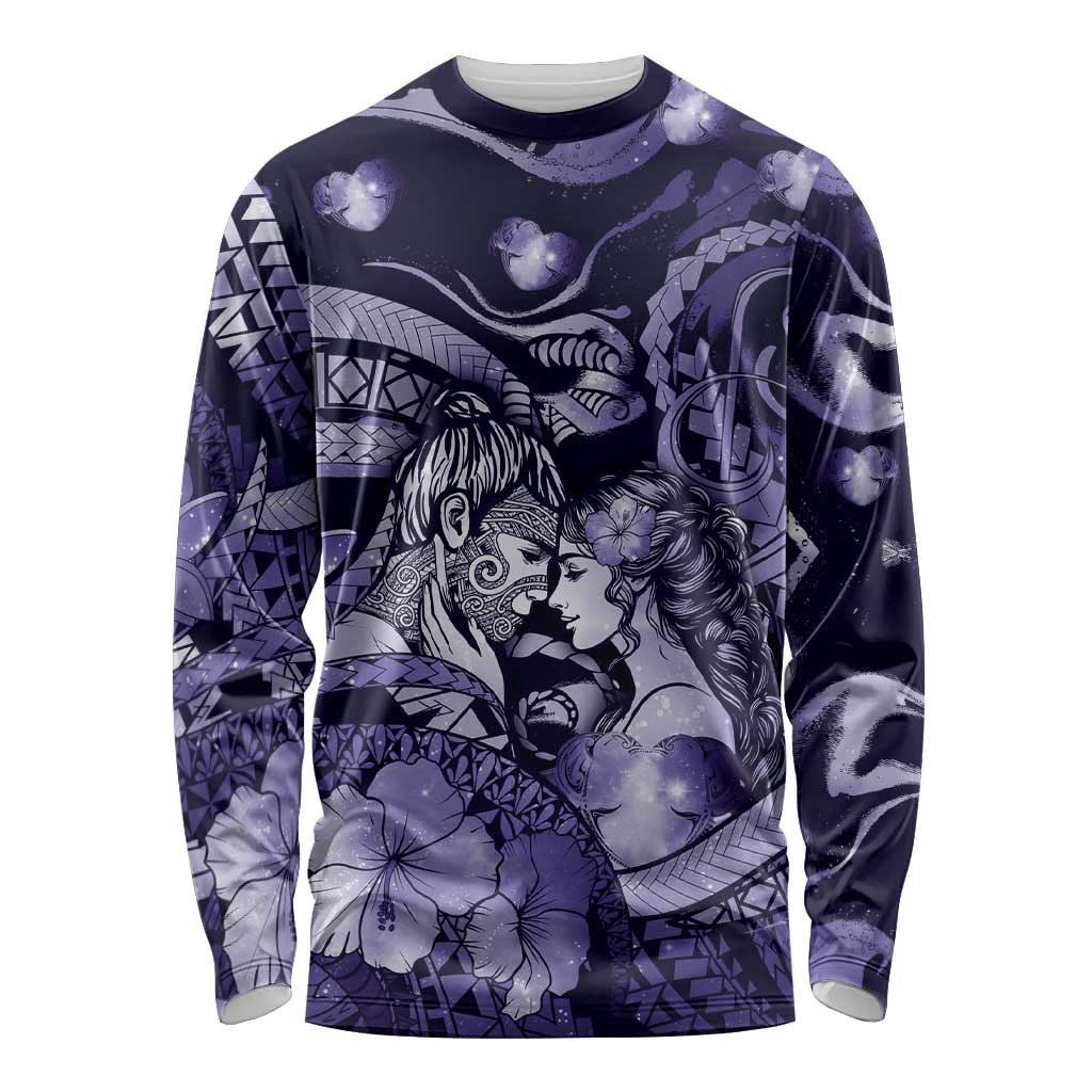 Personalised Maori Romantic Valentine Long Sleeve Shirt The Hongi Kiss Purple Galaxy DT05 Unisex Purple - Polynesian Pride