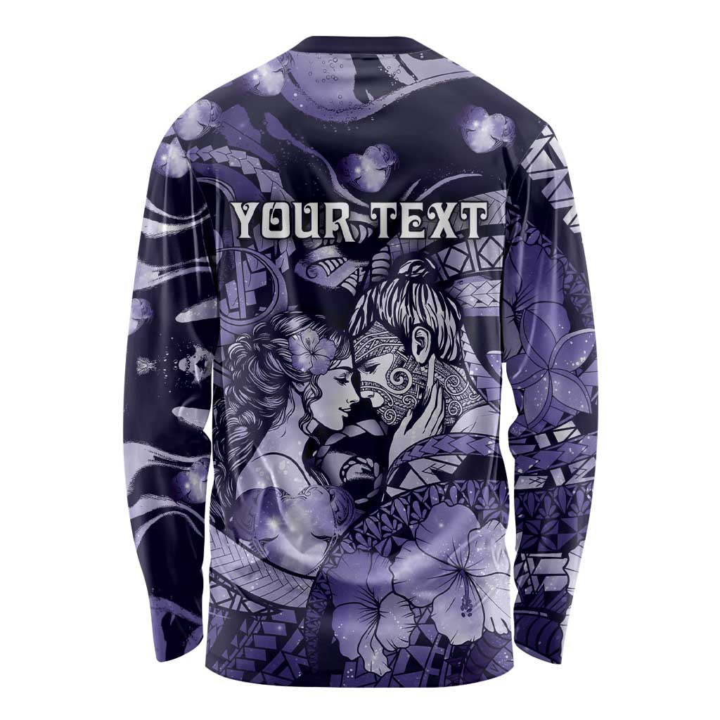 Personalised Maori Romantic Valentine Long Sleeve Shirt The Hongi Kiss Purple Galaxy DT05 - Polynesian Pride