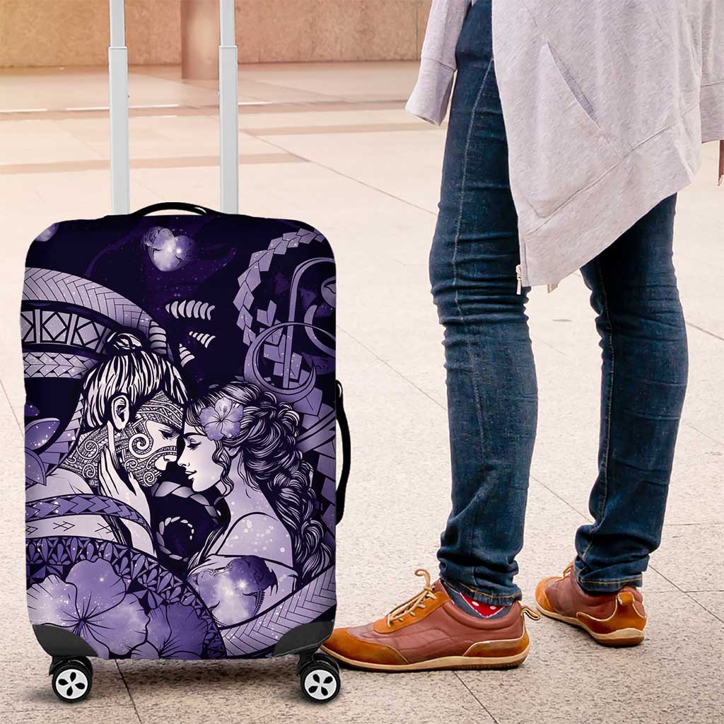 Maori Romantic Valentine Luggage Cover The Hongi Kiss Purple Galaxy