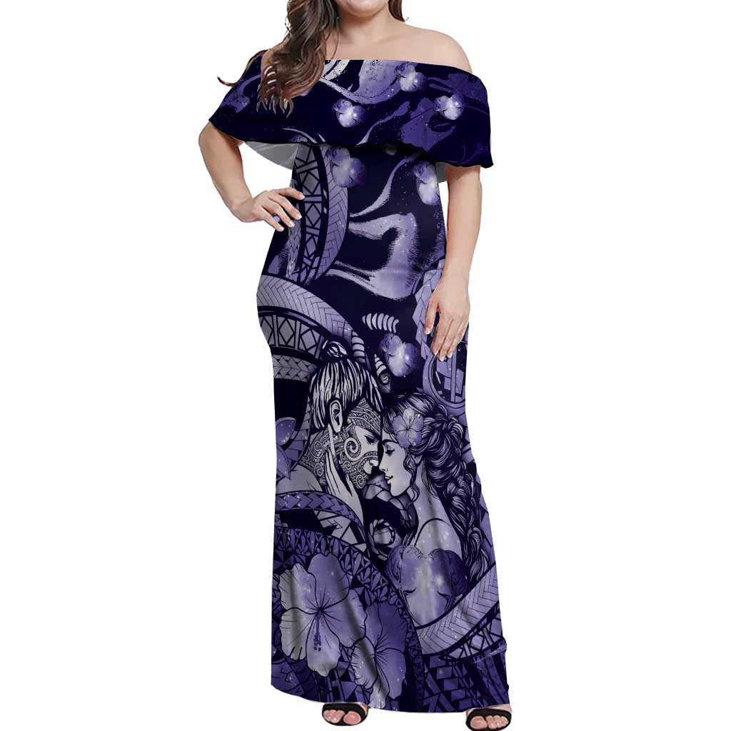 Personalised Maori Romantic Valentine Off Shoulder Maxi Dress The Hongi Kiss Purple Galaxy DT05 Women Purple - Polynesian Pride