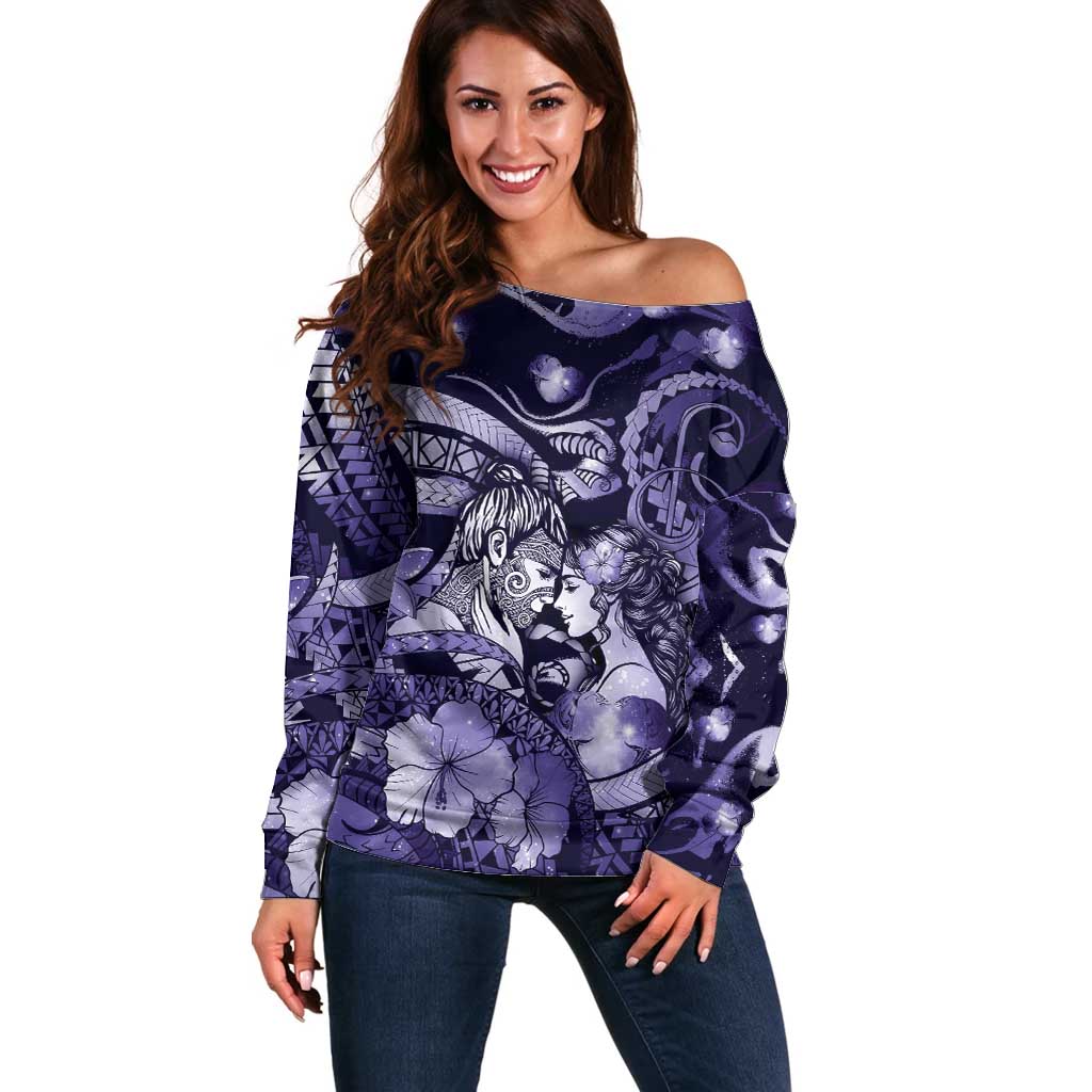 Personalised Maori Romantic Valentine Off Shoulder Sweater The Hongi Kiss Purple Galaxy