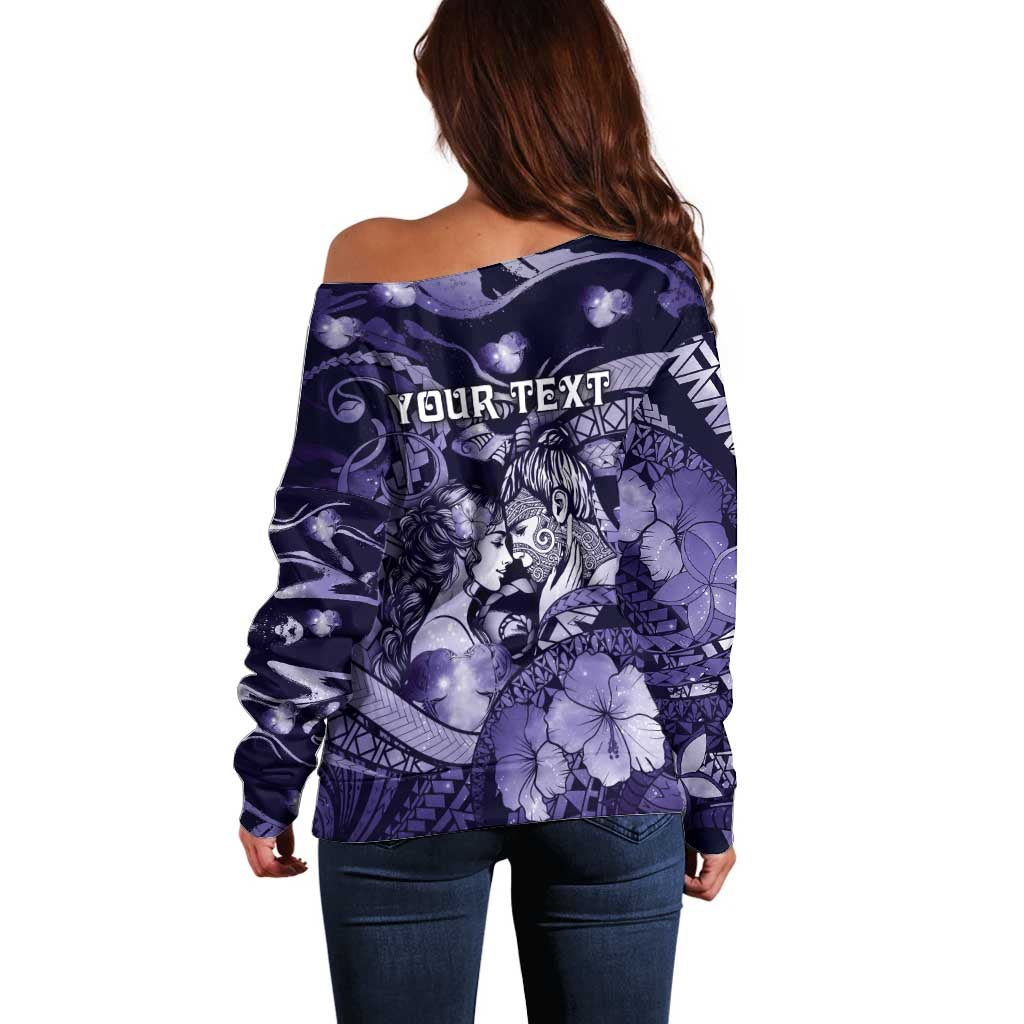 Personalised Maori Romantic Valentine Off Shoulder Sweater The Hongi Kiss Purple Galaxy