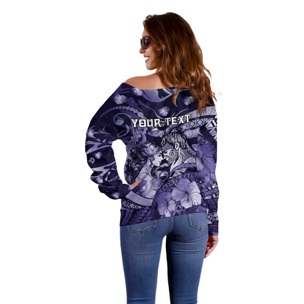 Personalised Maori Romantic Valentine Off Shoulder Sweater The Hongi Kiss Purple Galaxy