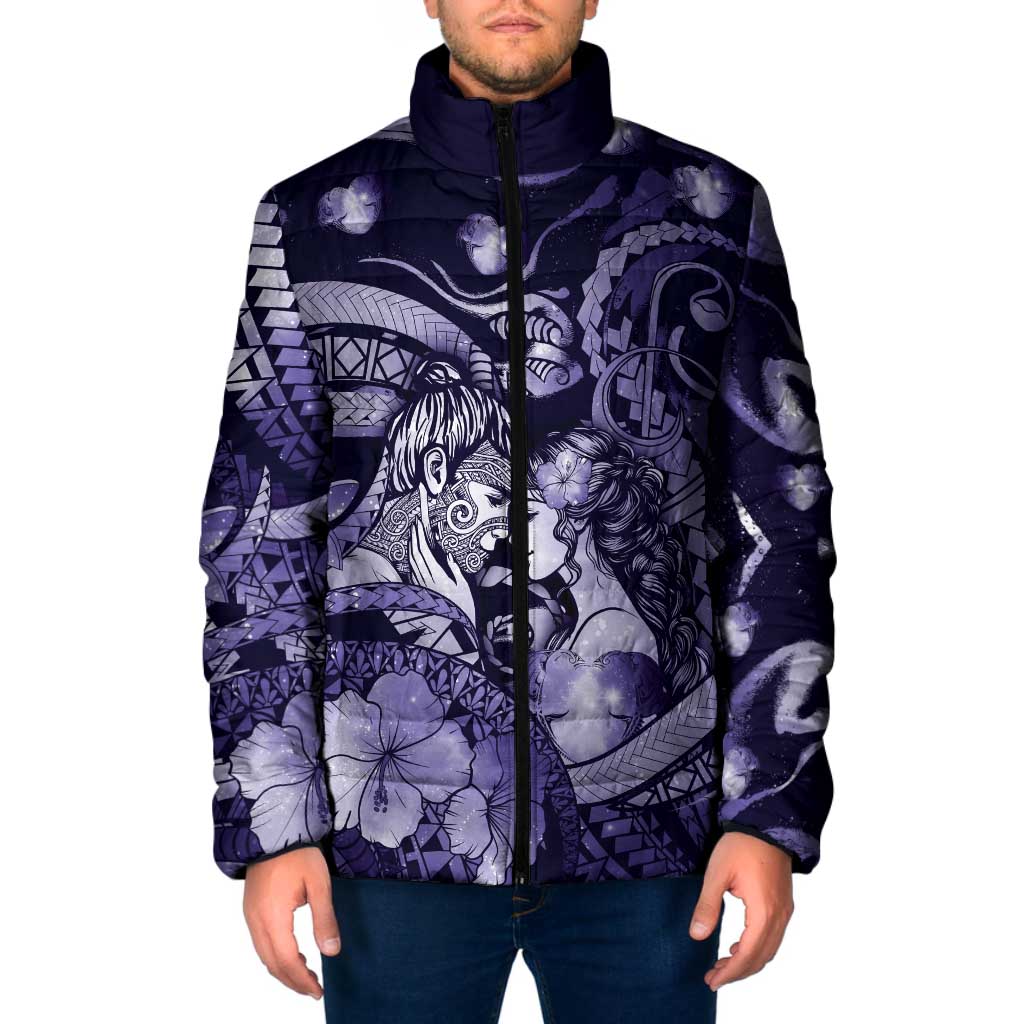 Personalised Maori Romantic Valentine Padded Jacket The Hongi Kiss Purple Galaxy