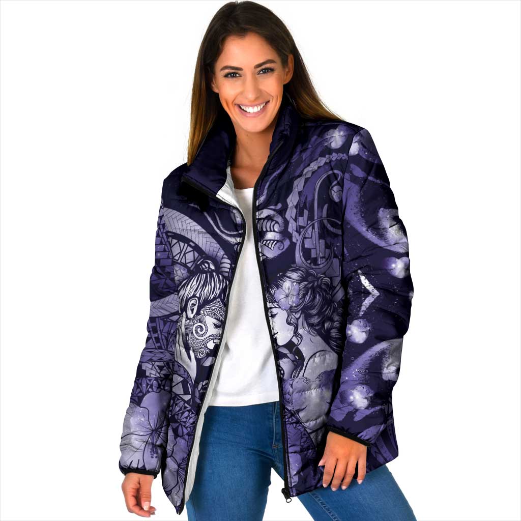 Personalised Maori Romantic Valentine Padded Jacket The Hongi Kiss Purple Galaxy
