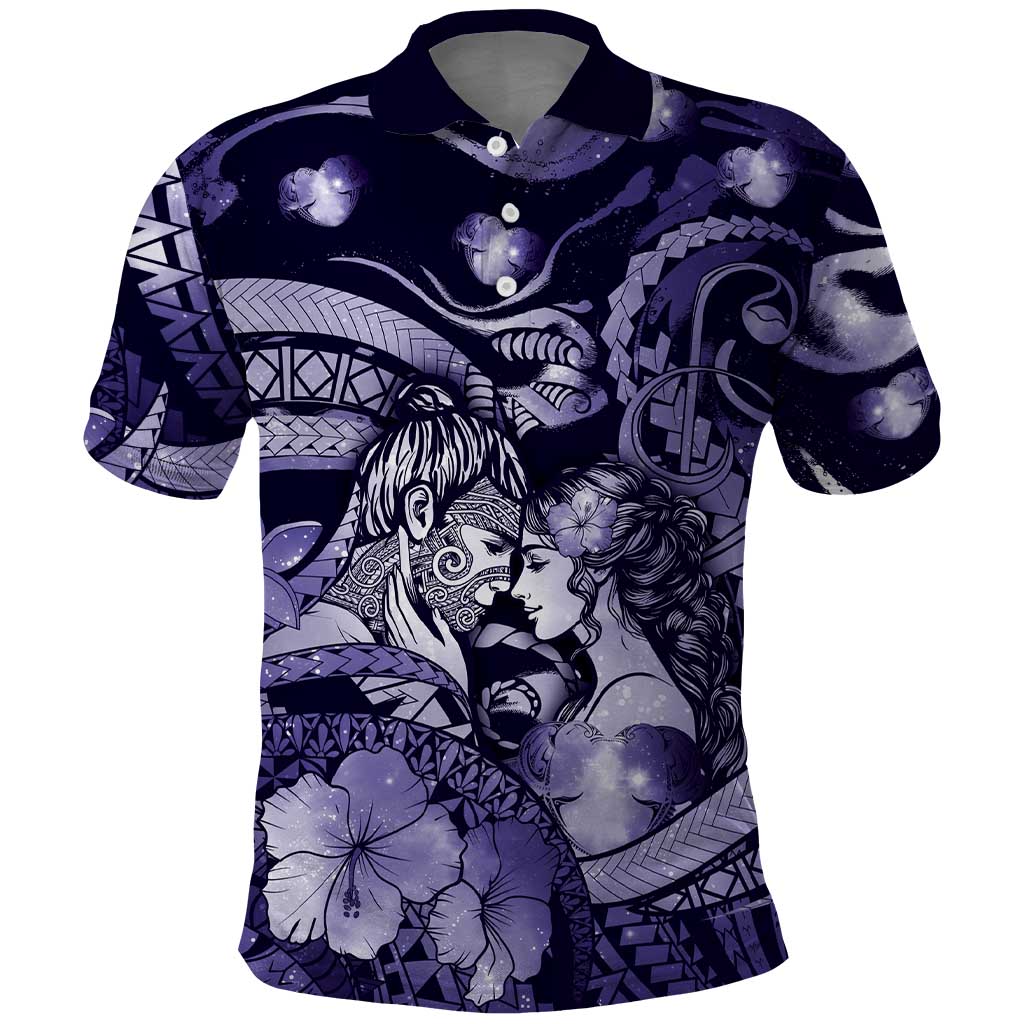 Personalised Maori Romantic Valentine Polo Shirt The Hongi Kiss Purple Galaxy