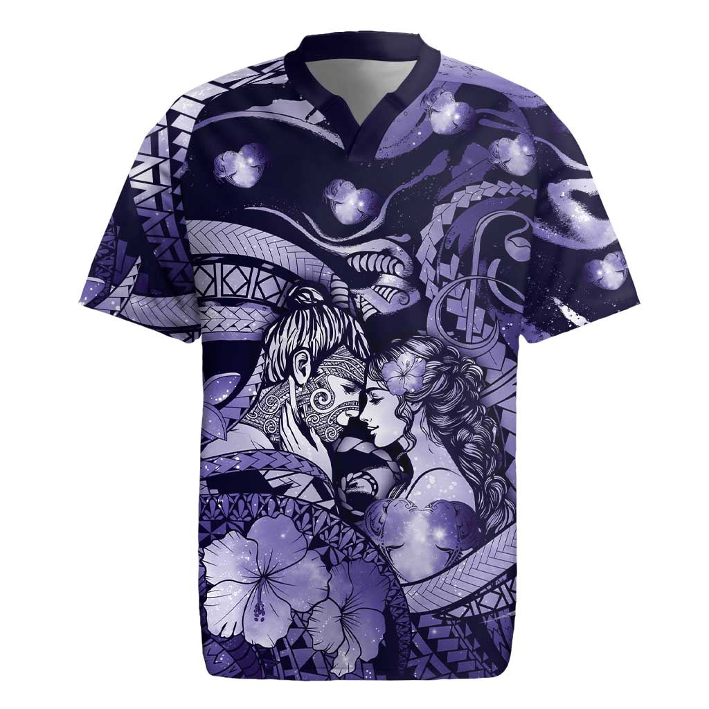 Personalised Maori Romantic Valentine Rugby Jersey The Hongi Kiss Purple Galaxy