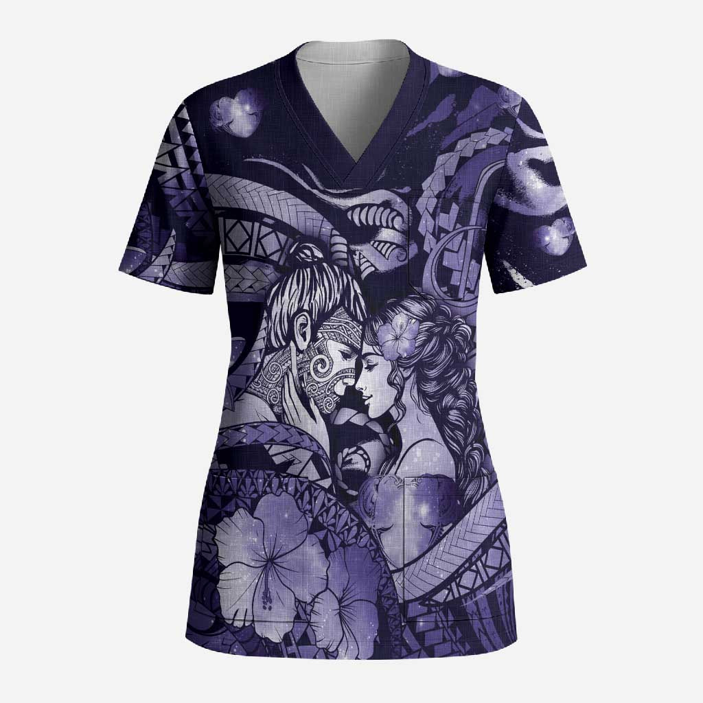 Personalised Maori Romantic Valentine Scrub Top The Hongi Kiss Purple Galaxy