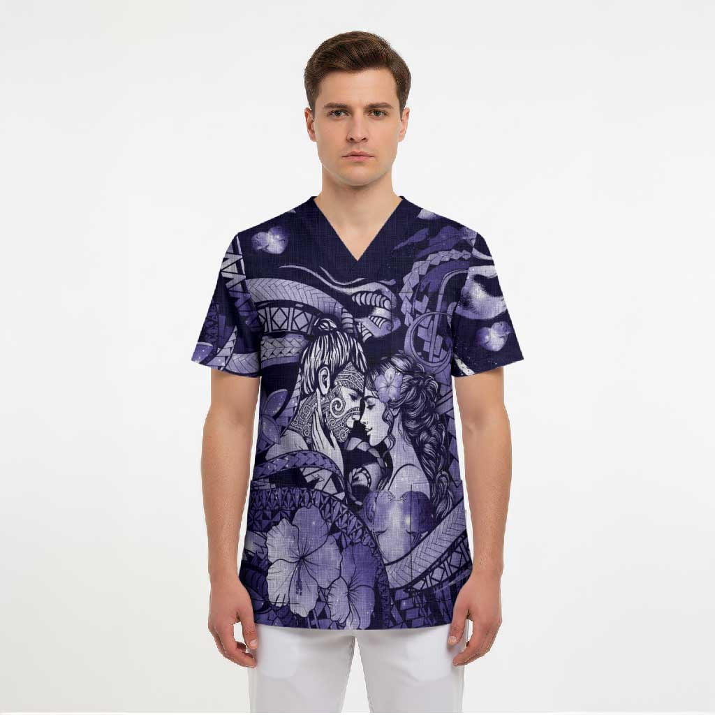 Personalised Maori Romantic Valentine Scrub Top The Hongi Kiss Purple Galaxy