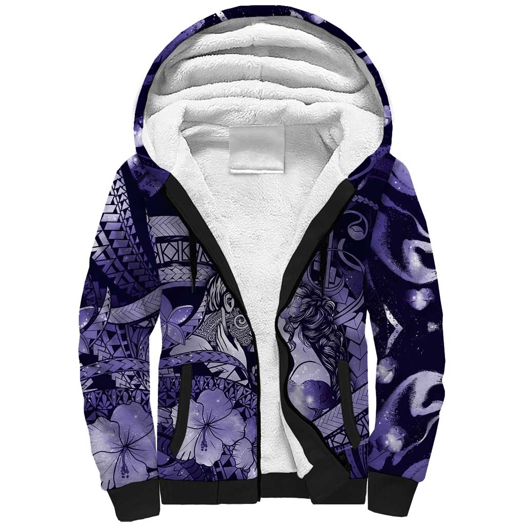 Personalised Maori Romantic Valentine Sherpa Hoodie The Hongi Kiss Purple Galaxy