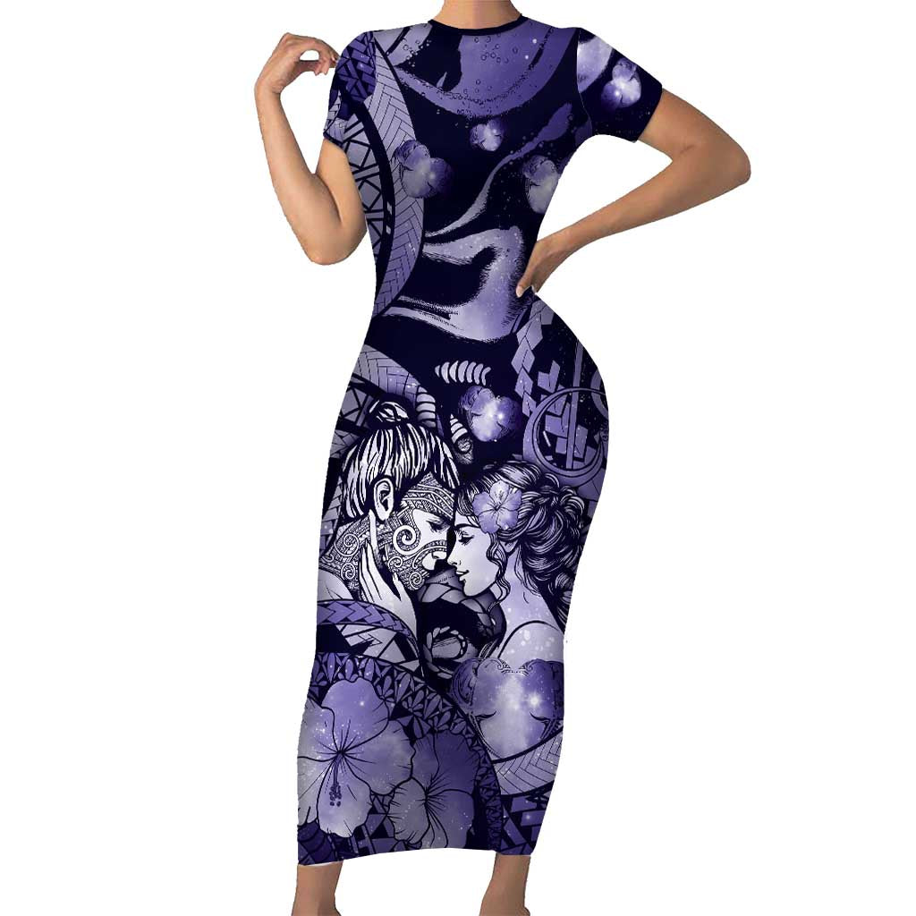 Personalised Maori Romantic Valentine Short Sleeve Bodycon Dress The Hongi Kiss Purple Galaxy
