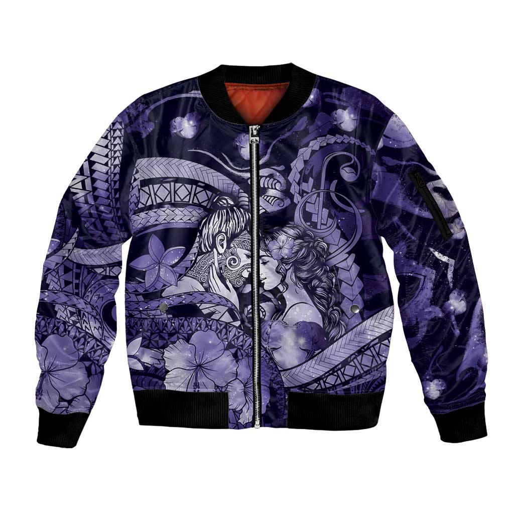 Personalised Maori Romantic Valentine Sleeve Zip Bomber Jacket The Hongi Kiss Purple Galaxy