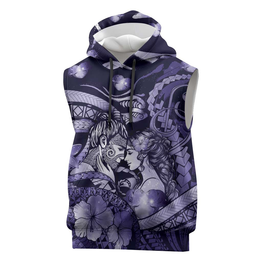 Personalised Maori Romantic Valentine Sleeveless Hoodie The Hongi Kiss Purple Galaxy