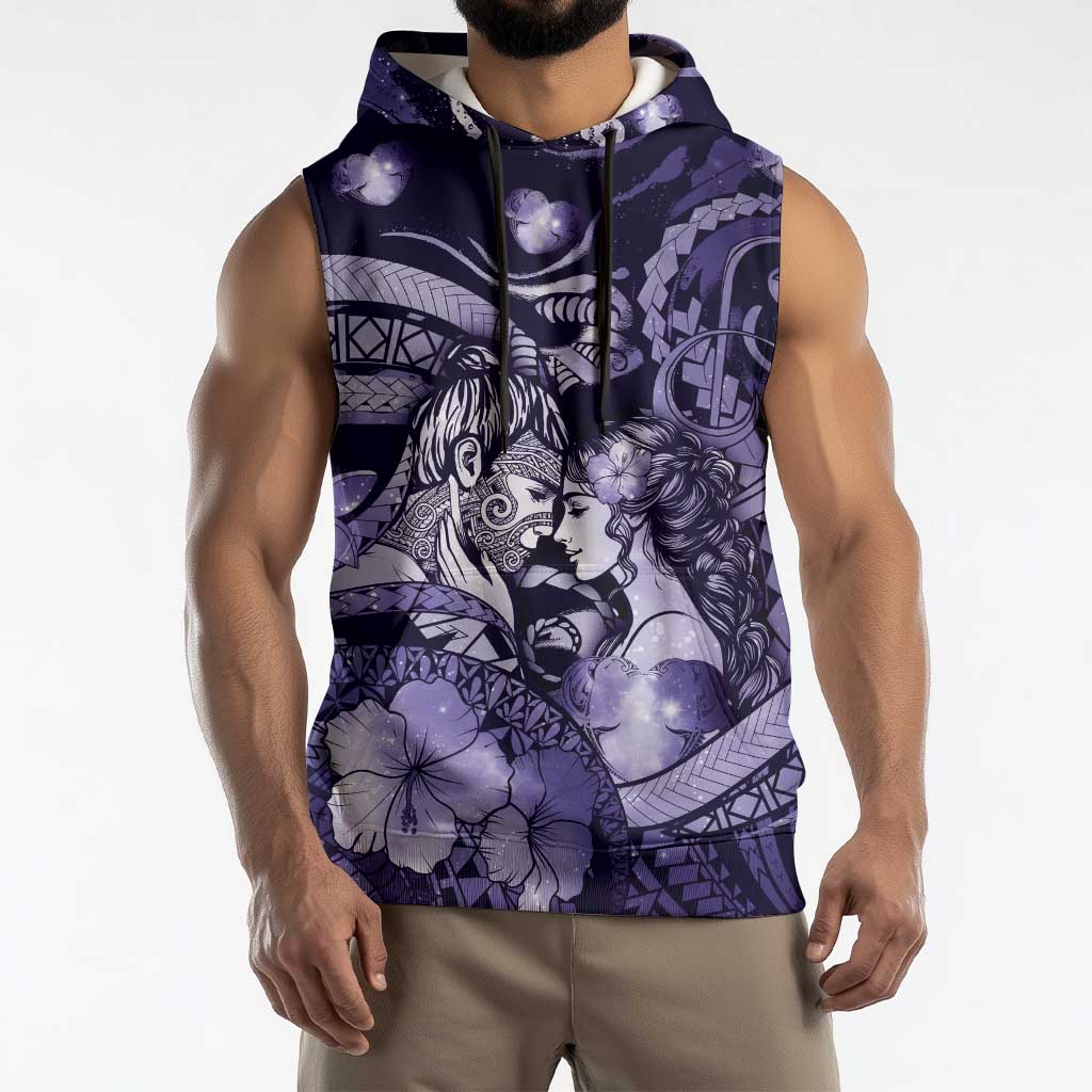 Personalised Maori Romantic Valentine Sleeveless Hoodie The Hongi Kiss Purple Galaxy