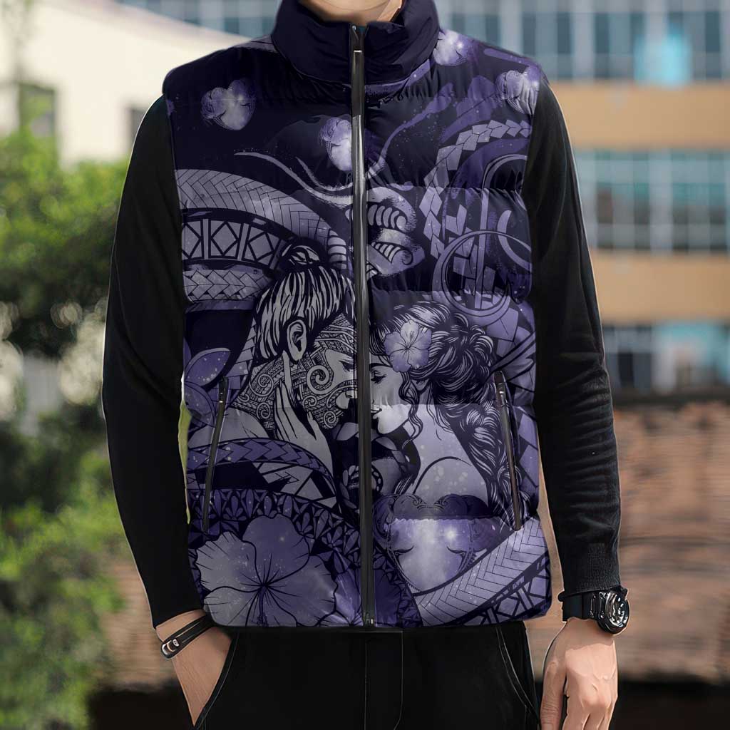 Personalised Maori Romantic Valentine Sleeveless Puffer Jacket The Hongi Kiss Purple Galaxy