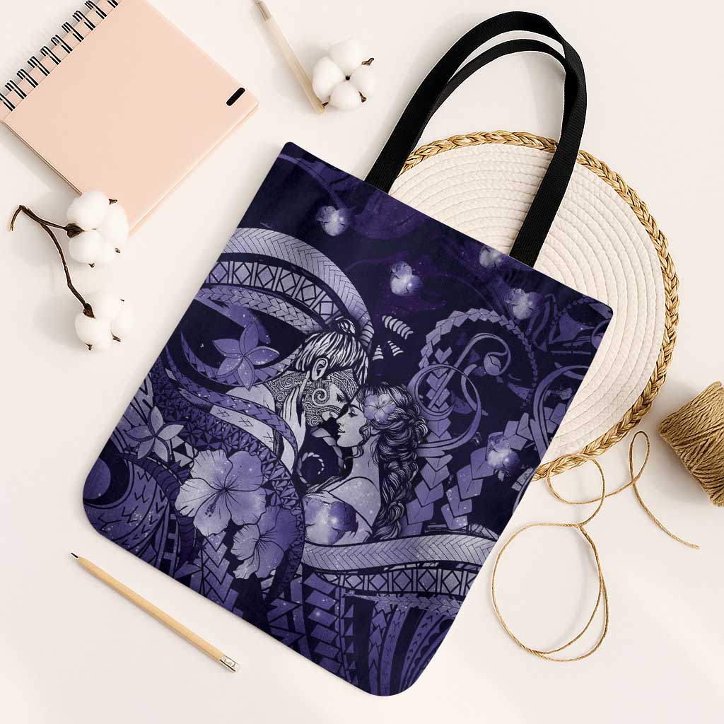 Maori Romantic Valentine Tote Bag The Hongi Kiss Purple Galaxy