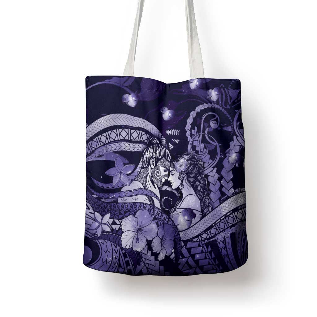 Maori Romantic Valentine Tote Bag The Hongi Kiss Purple Galaxy