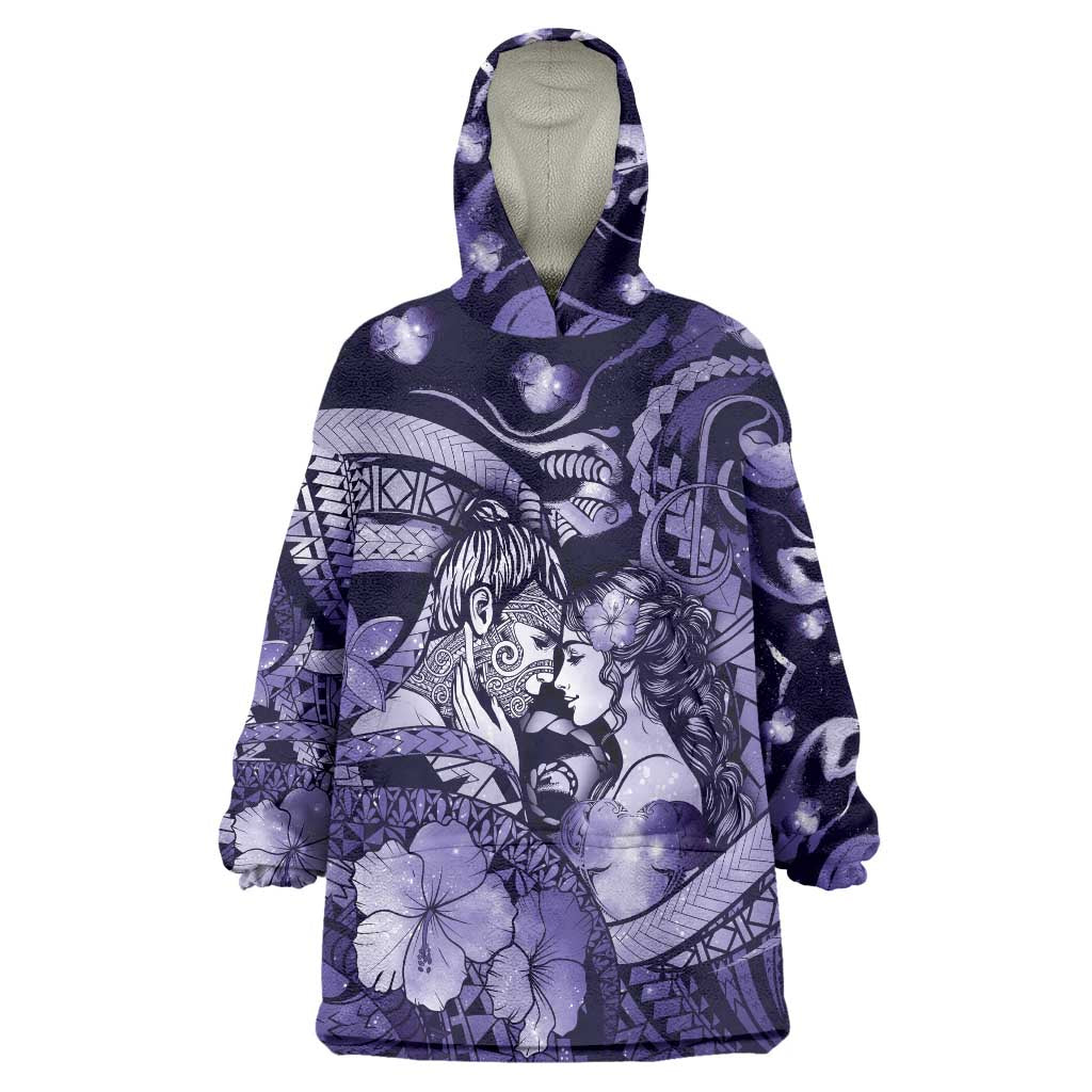 Personalised Maori Romantic Valentine Wearable Blanket Hoodie The Hongi Kiss Purple Galaxy