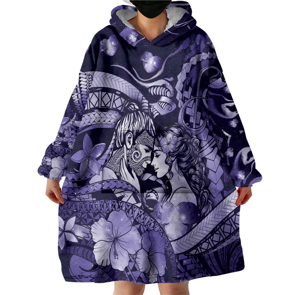 Personalised Maori Romantic Valentine Wearable Blanket Hoodie The Hongi Kiss Purple Galaxy