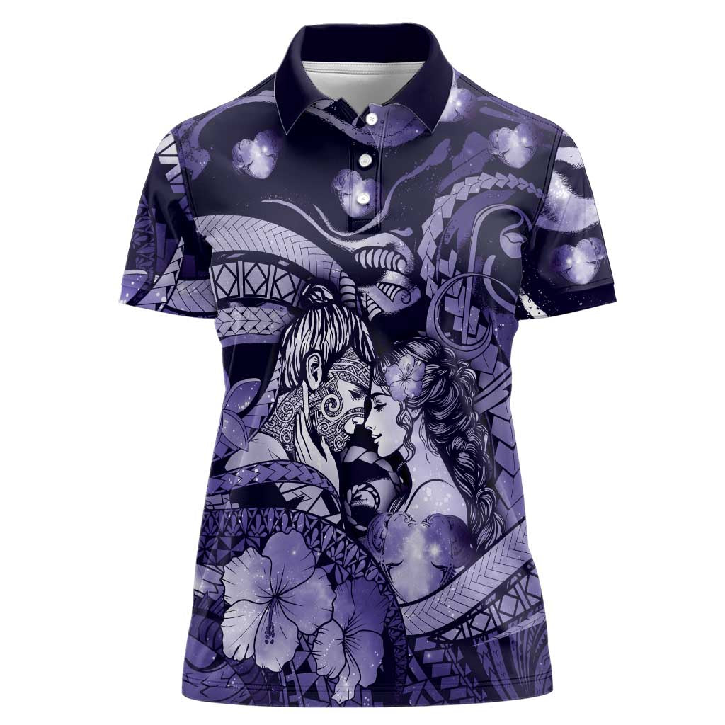 Personalised Maori Romantic Valentine Women Polo Shirt The Hongi Kiss Purple Galaxy