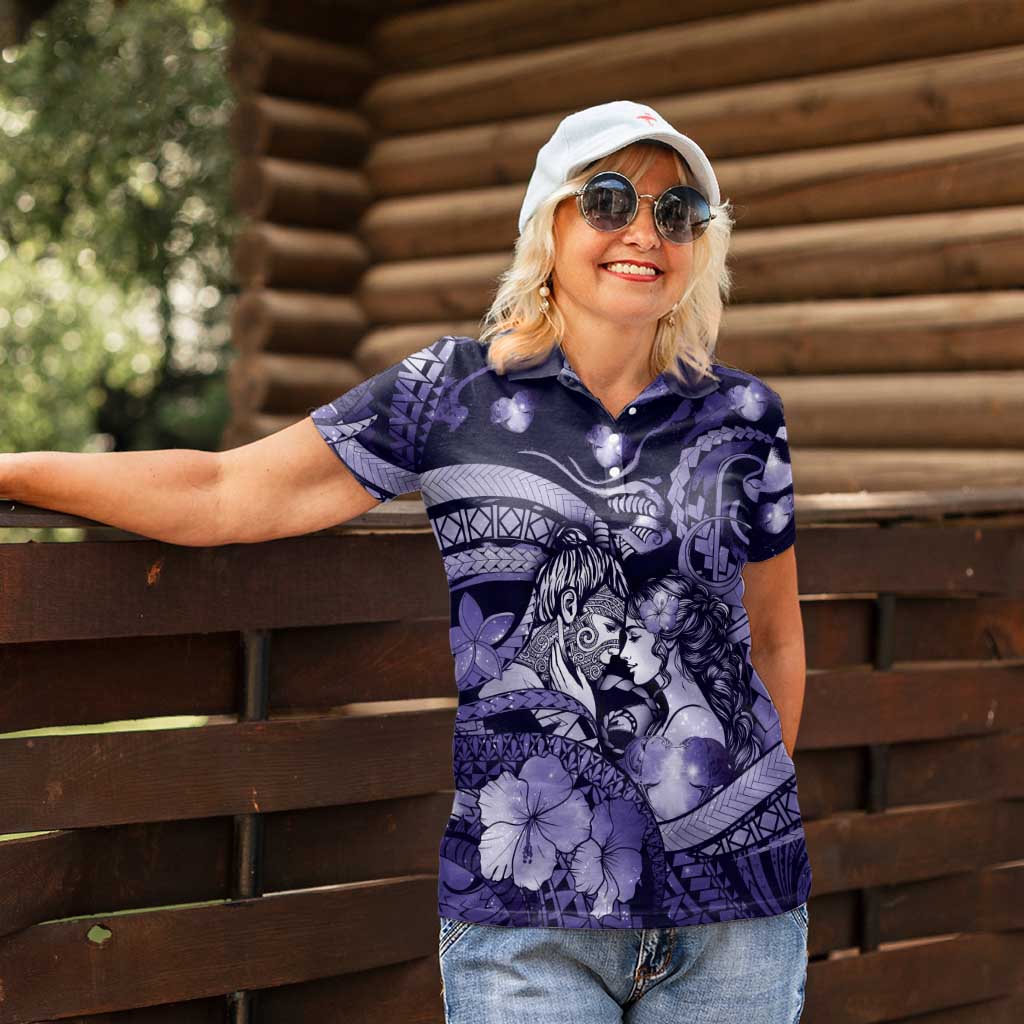 Personalised Maori Romantic Valentine Women Polo Shirt The Hongi Kiss Purple Galaxy