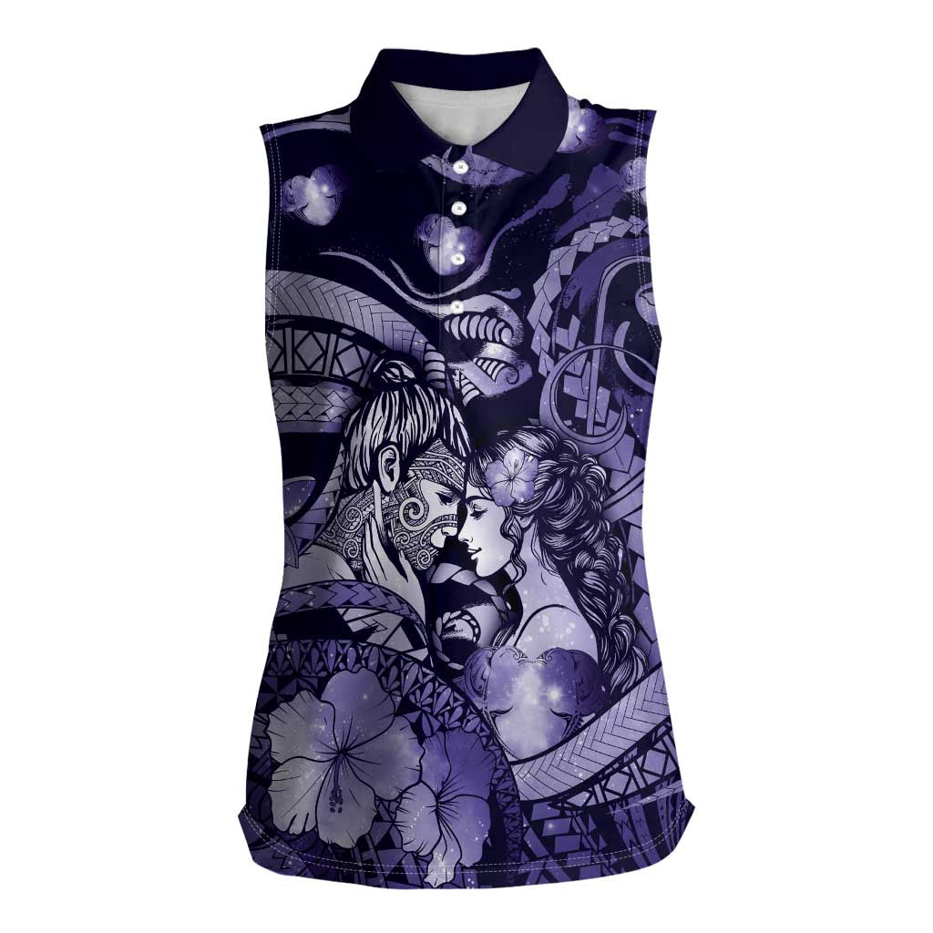 Personalised Maori Romantic Valentine Women Sleeveless Polo Shirt The Hongi Kiss Purple Galaxy
