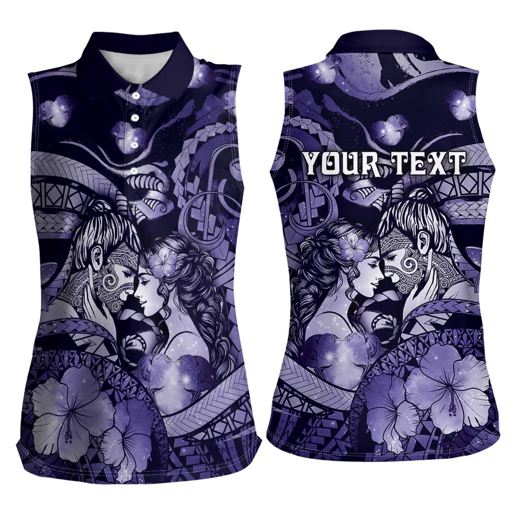 Personalised Maori Romantic Valentine Women Sleeveless Polo Shirt The Hongi Kiss Purple Galaxy