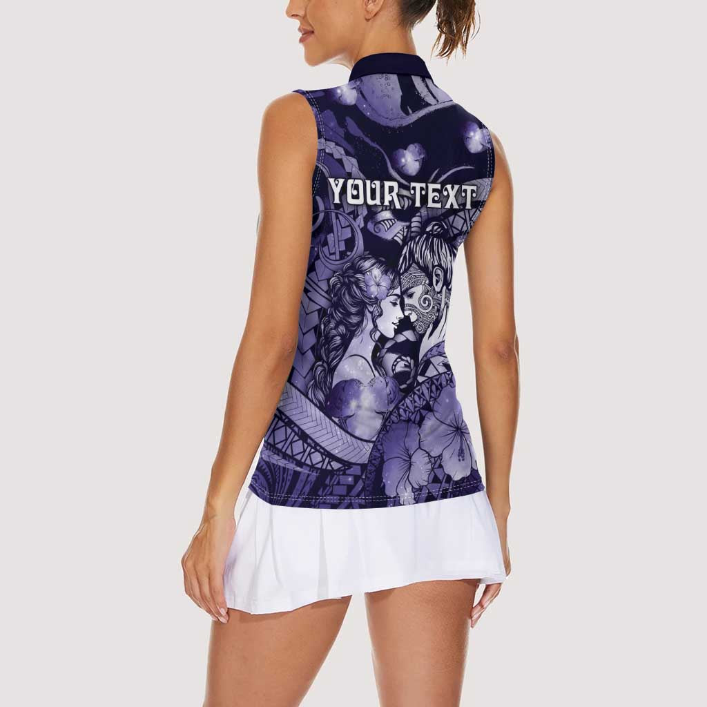 Personalised Maori Romantic Valentine Women Sleeveless Polo Shirt The Hongi Kiss Purple Galaxy