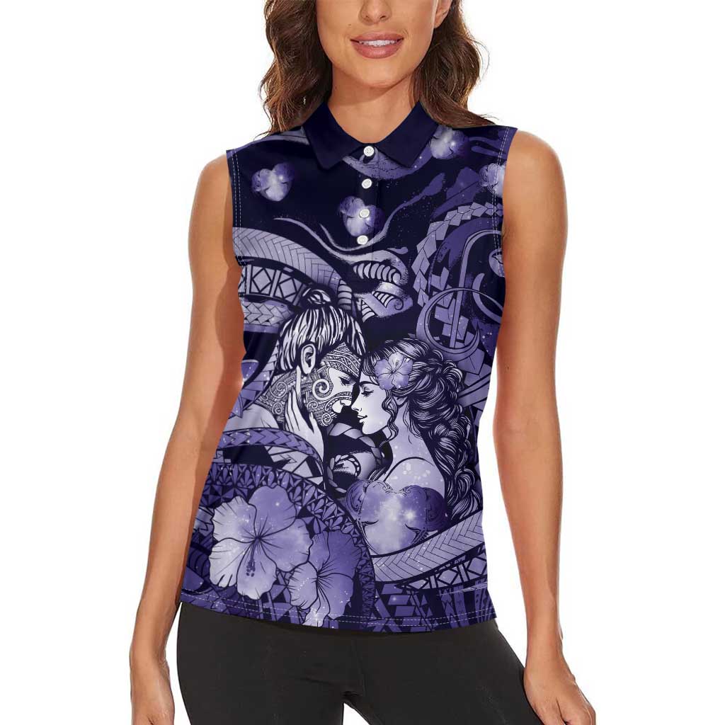 Personalised Maori Romantic Valentine Women Sleeveless Polo Shirt The Hongi Kiss Purple Galaxy