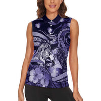Personalised Maori Romantic Valentine Women Sleeveless Polo Shirt The Hongi Kiss Purple Galaxy
