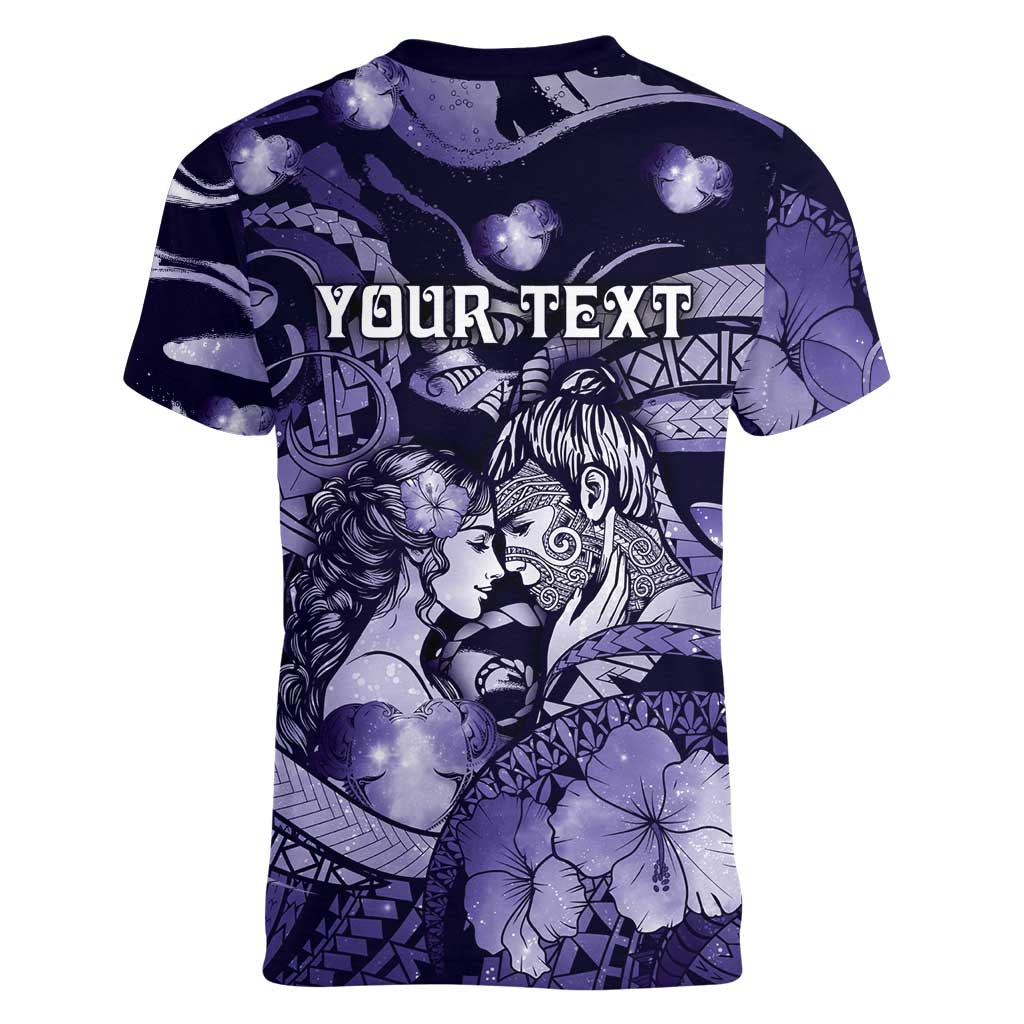Personalised Maori Romantic Valentine Women V-Neck T-Shirt The Hongi Kiss Purple Galaxy