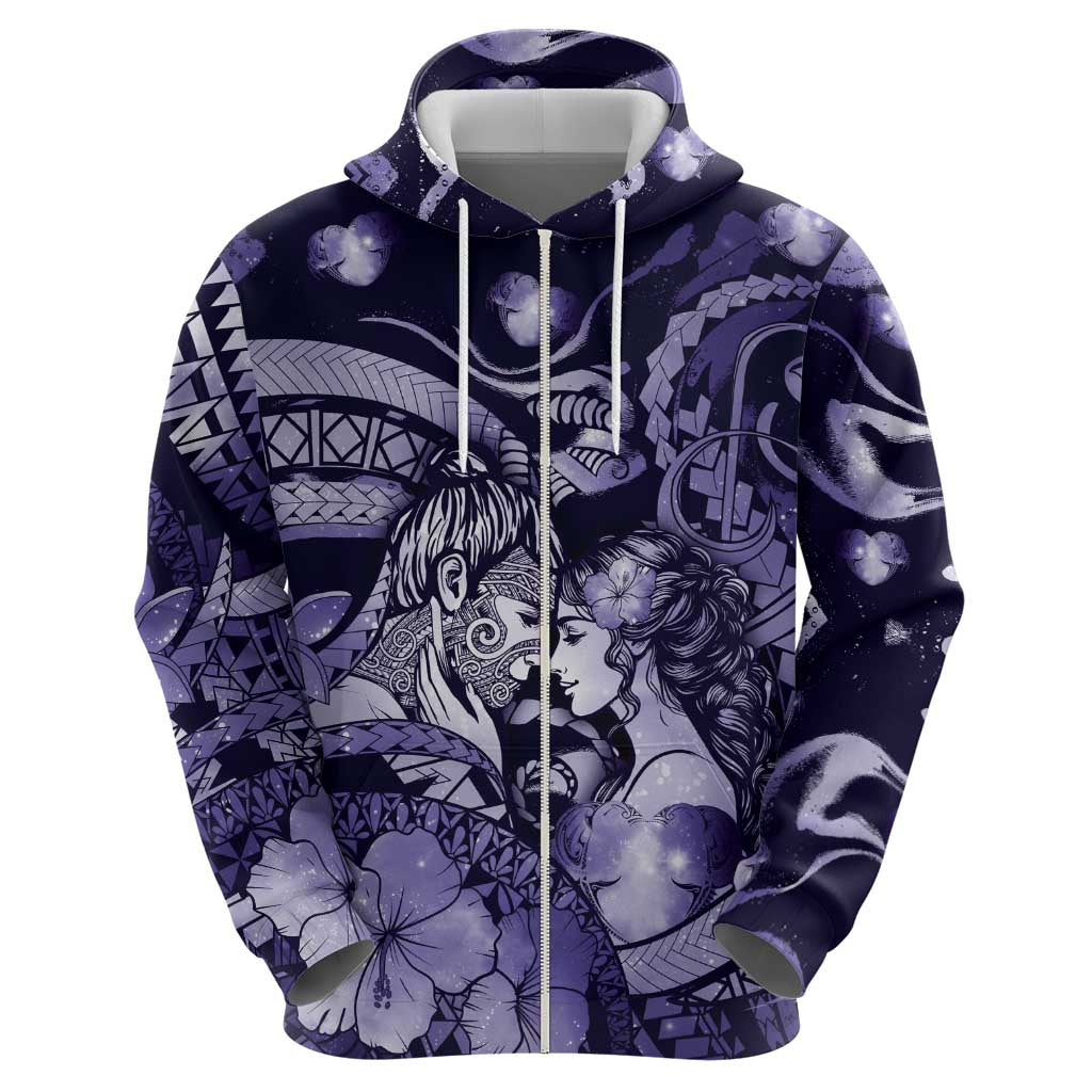 Personalised Maori Romantic Valentine Zip Hoodie The Hongi Kiss Purple Galaxy DT05 - Polynesian Pride