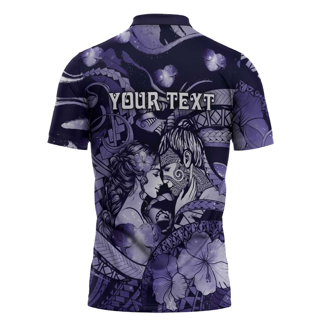 Personalised Maori Romantic Valentine Zipper Polo Shirt The Hongi Kiss Purple Galaxy
