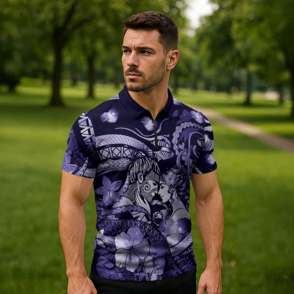 Personalised Maori Romantic Valentine Zipper Polo Shirt The Hongi Kiss Purple Galaxy