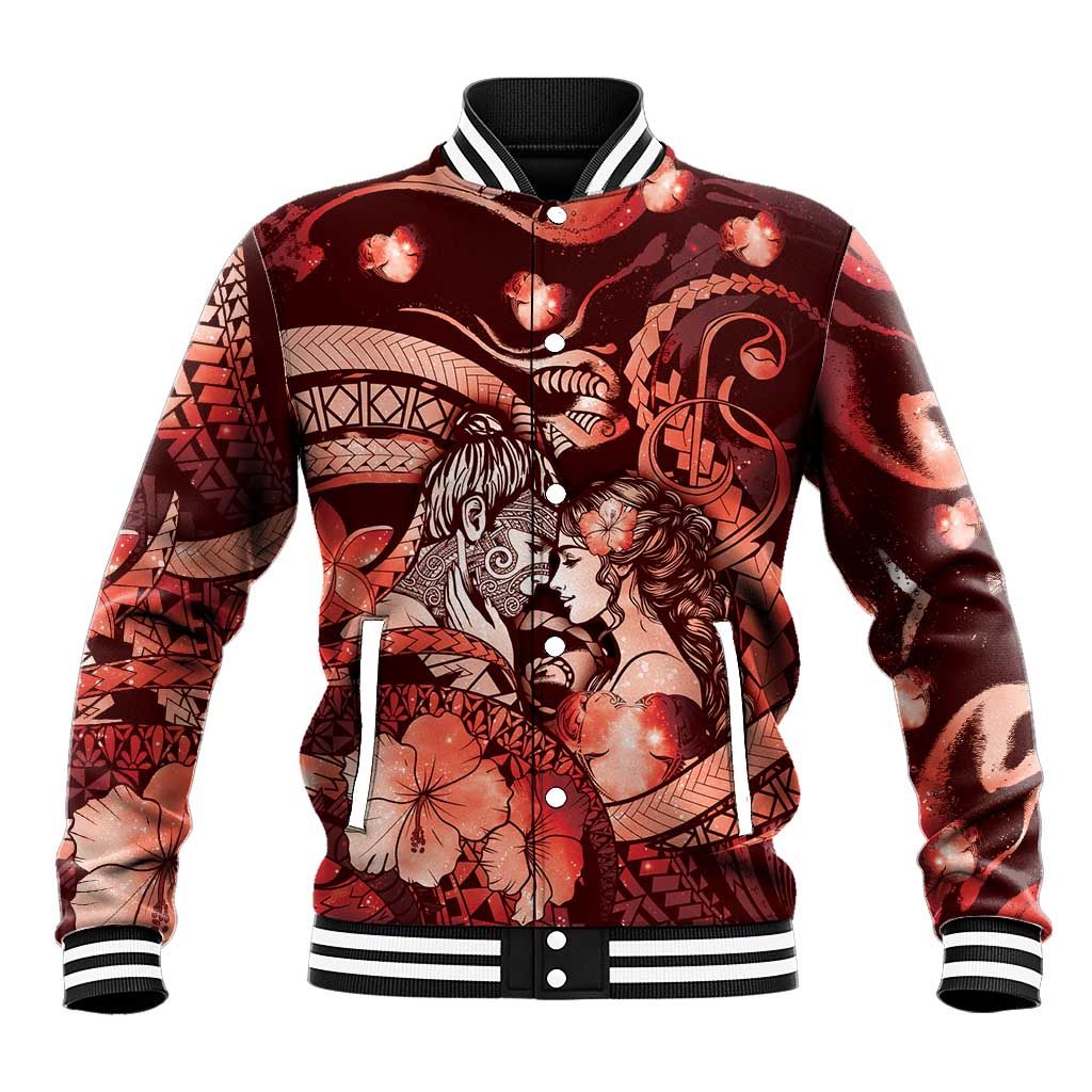 Personalised Maori Romantic Valentine Baseball Jacket The Hongi Kiss Red Galaxy