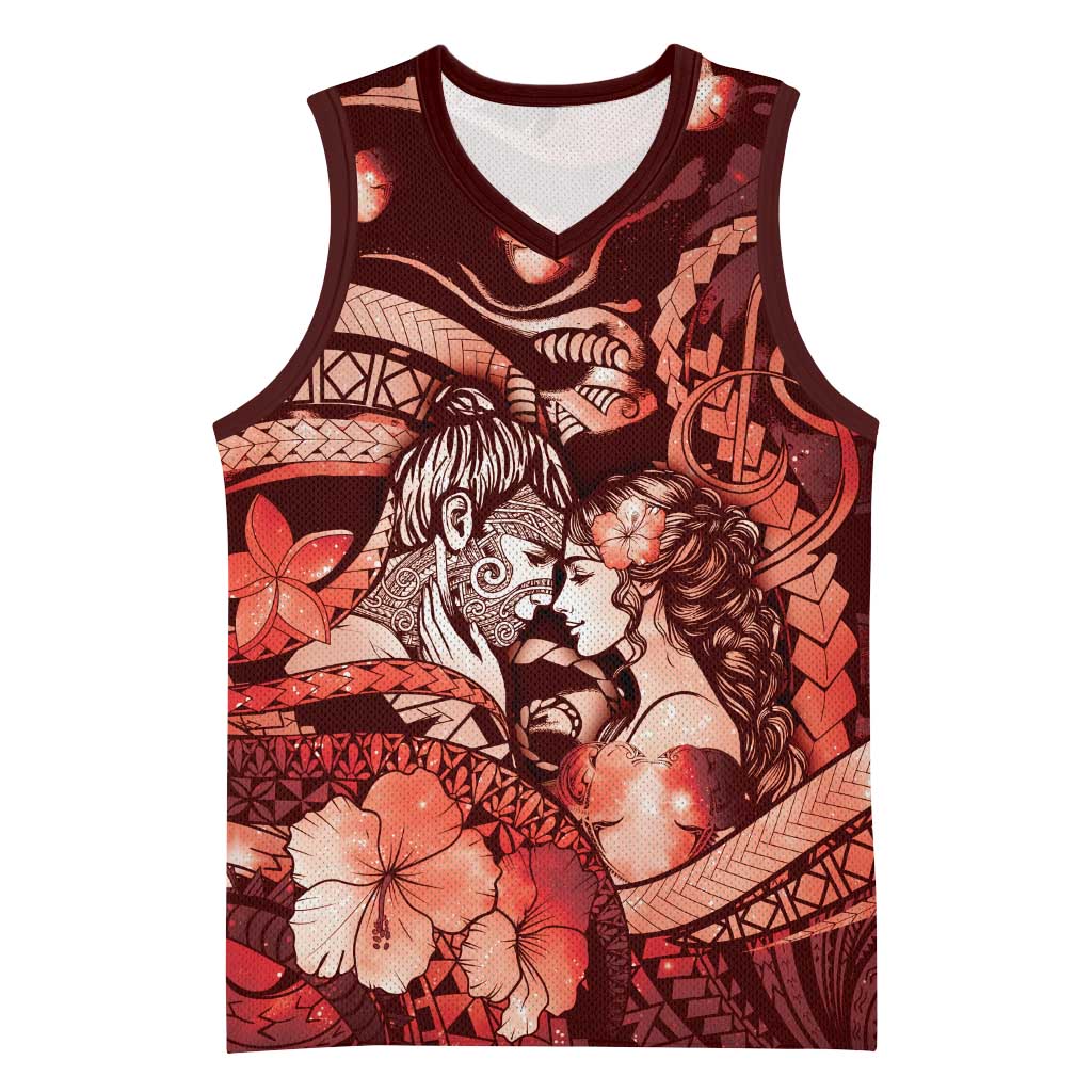 Personalised Maori Romantic Valentine Basketball Jersey The Hongi Kiss Red Galaxy