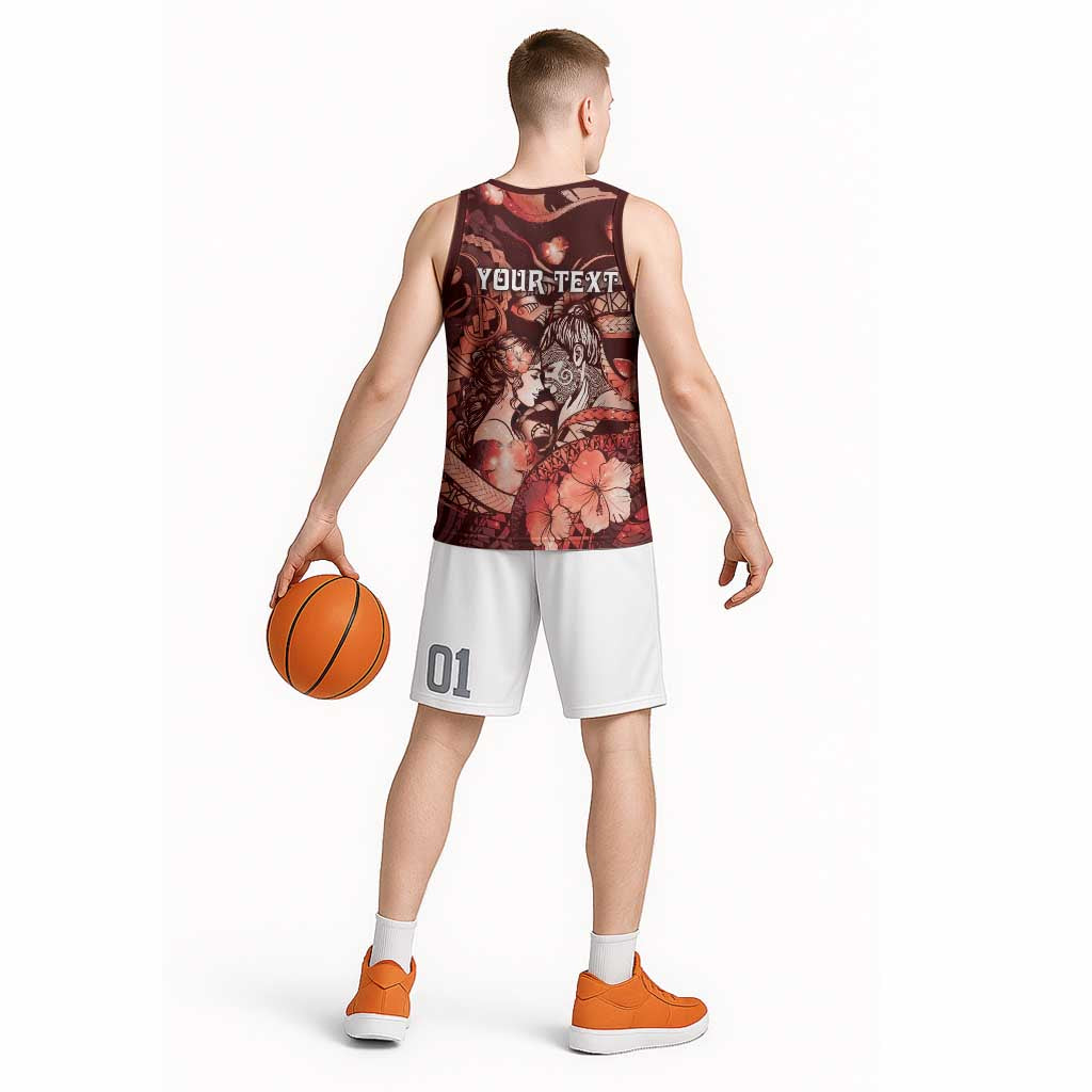 Personalised Maori Romantic Valentine Basketball Jersey The Hongi Kiss Red Galaxy