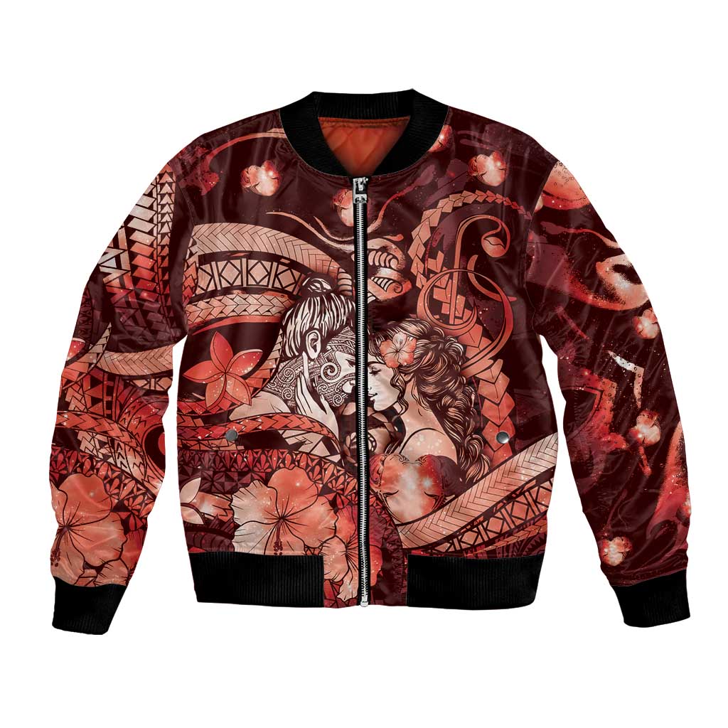 Personalised Maori Romantic Valentine Bomber Jacket The Hongi Kiss Red Galaxy