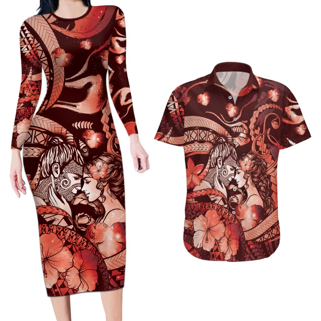 Personalised Maori Romantic Valentine Couples Matching Long Sleeve Bodycon Dress and Hawaiian Shirt The Hongi Kiss Red Galaxy