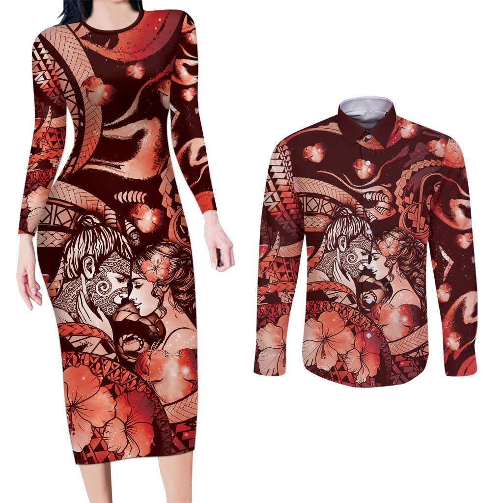 Personalised Maori Romantic Valentine Couples Matching Long Sleeve Bodycon Dress and Long Sleeve Button Shirt The Hongi Kiss Red Galaxy