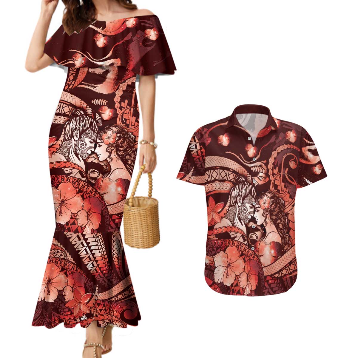 Personalised Maori Romantic Valentine Couples Matching Mermaid Dress and Hawaiian Shirt The Hongi Kiss Red Galaxy