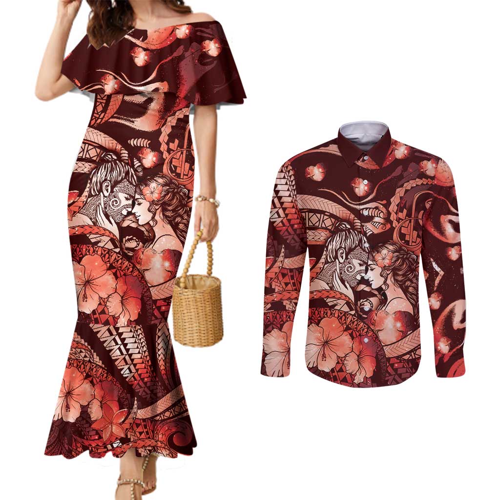 Personalised Maori Romantic Valentine Couples Matching Mermaid Dress and Long Sleeve Button Shirt The Hongi Kiss Red Galaxy