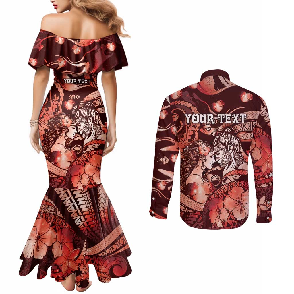 Personalised Maori Romantic Valentine Couples Matching Mermaid Dress and Long Sleeve Button Shirt The Hongi Kiss Red Galaxy