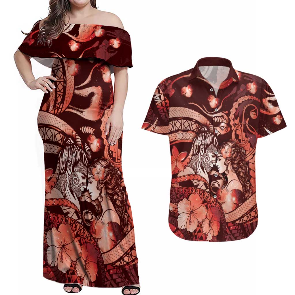 Personalised Maori Romantic Valentine Couples Matching Off Shoulder Maxi Dress and Hawaiian Shirt The Hongi Kiss Red Galaxy