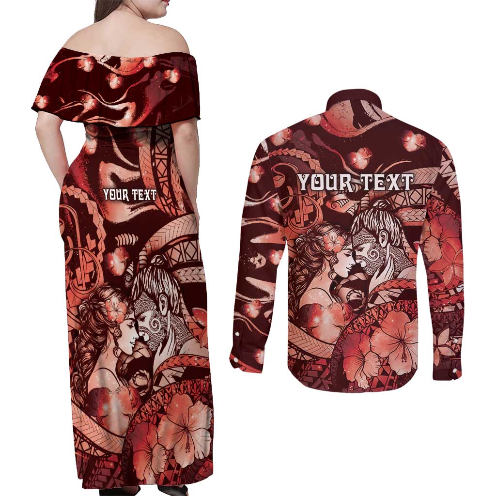 Personalised Maori Romantic Valentine Couples Matching Off Shoulder Maxi Dress and Long Sleeve Button Shirt The Hongi Kiss Red Galaxy