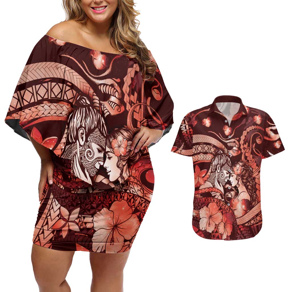Personalised Maori Romantic Valentine Couples Matching Off Shoulder Short Dress and Hawaiian Shirt The Hongi Kiss Red Galaxy